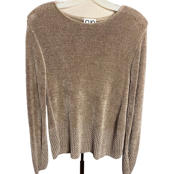 CLIO Sweater Knit Size Small Tan Crew Neck Long Sleeve Boho Chic Flaw - Picture 1 of 15